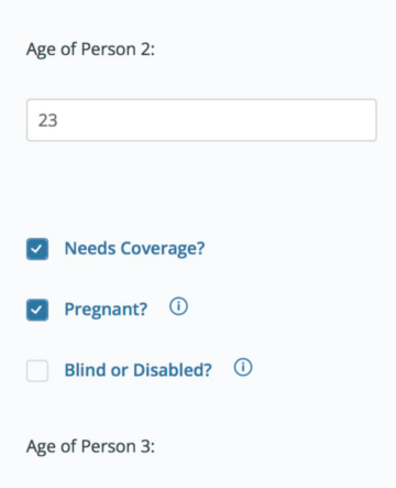 Screenshot of the interface for coveredca.com displaying a respondent’s selection for being pregnant